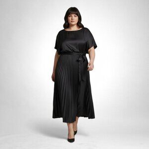 POLAGRAM Black Satin Pleated Skirt Belted Midi Dress, NEW! Size 3XL